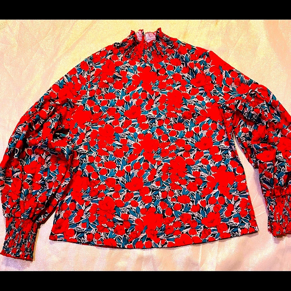 NWOT Floral Blouse with Ballon Sleeves and High Neck Collar❤️